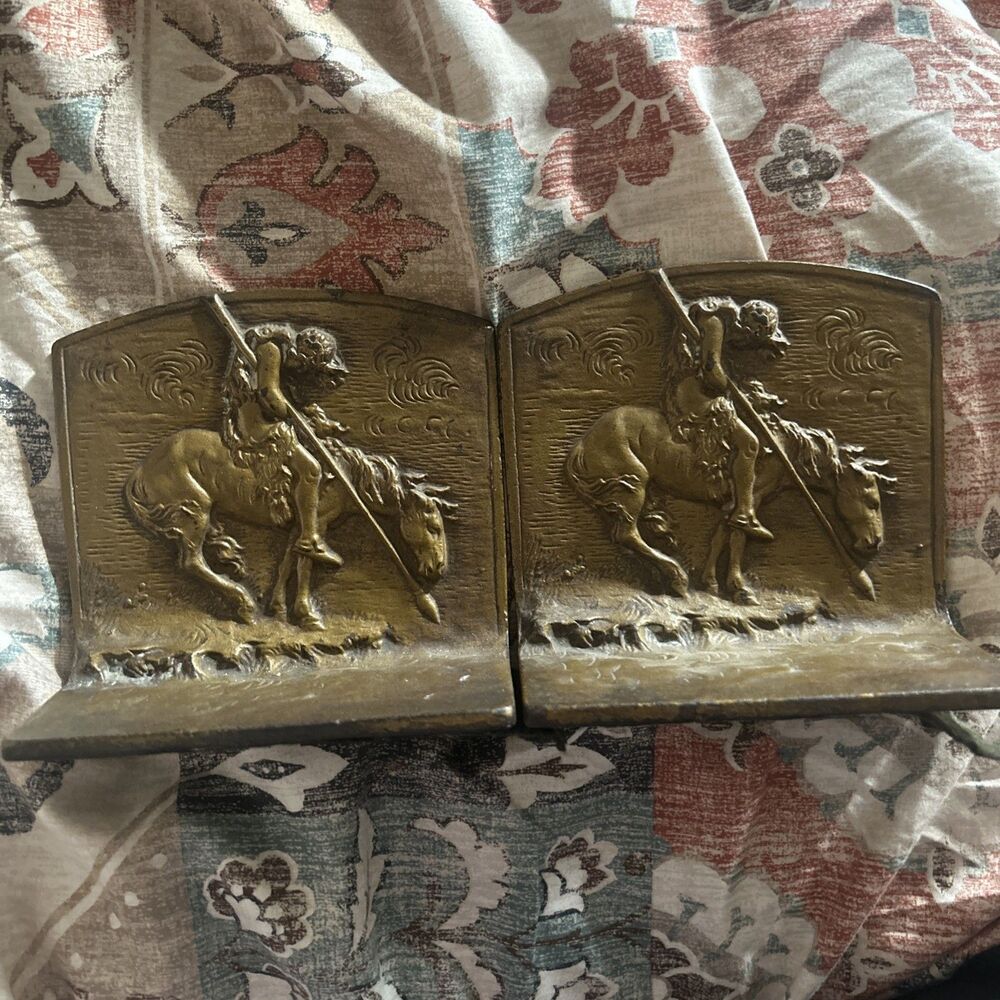 Vintage Western Cowboy Native American End Of The Trail Metal Bookends